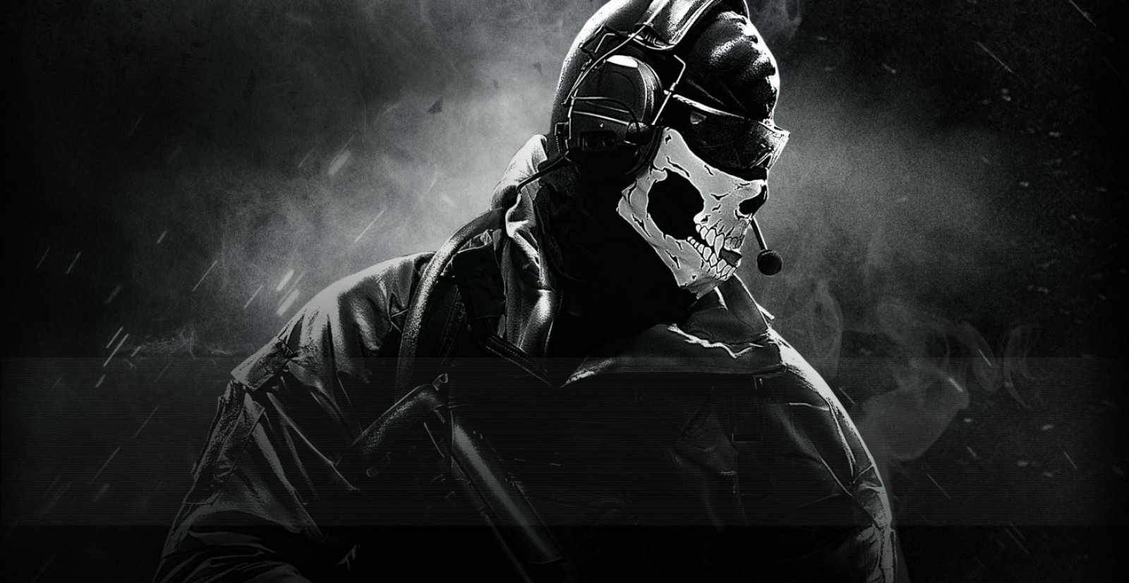 1743x900 px, call, dark, duty, ghosts, gun, mask, military, of, skull, soldier, warrior, weapon