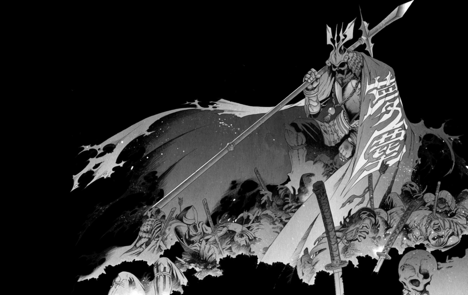 1900x1200 px, black, bw, dark, drawing, fantasy, katana, samurai, skulls, swords, warrior, weapons