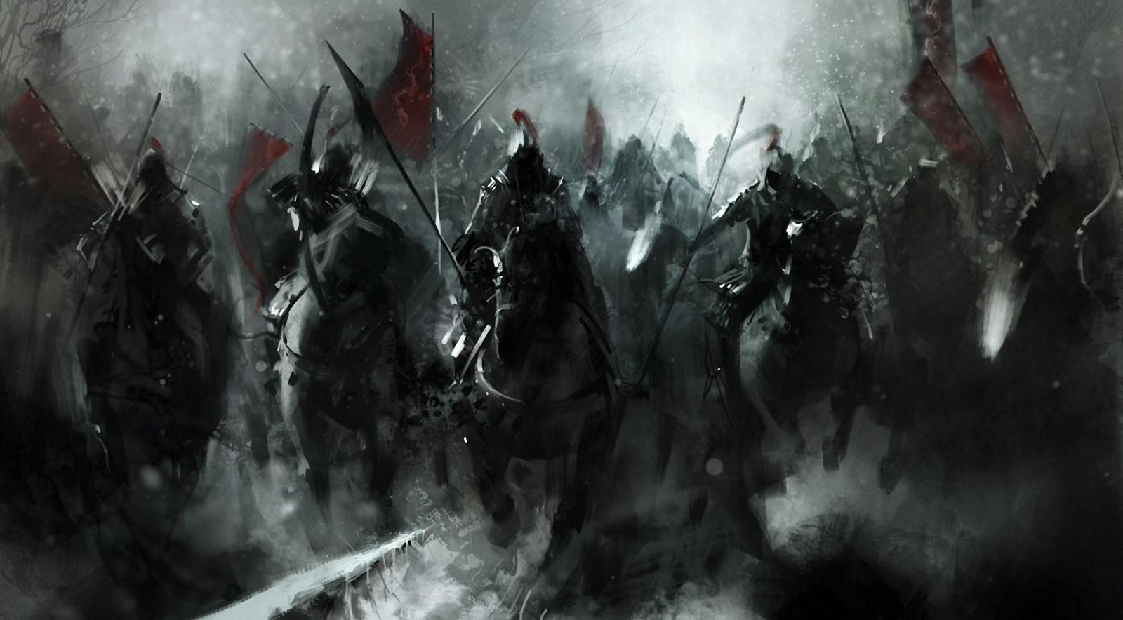 1920x1061 px, animals, ART, Asian, battle, dark, fantasy, horses, katana, knight, Mongols, oriental, soldiers, standard, sword, war, warrior, weapons