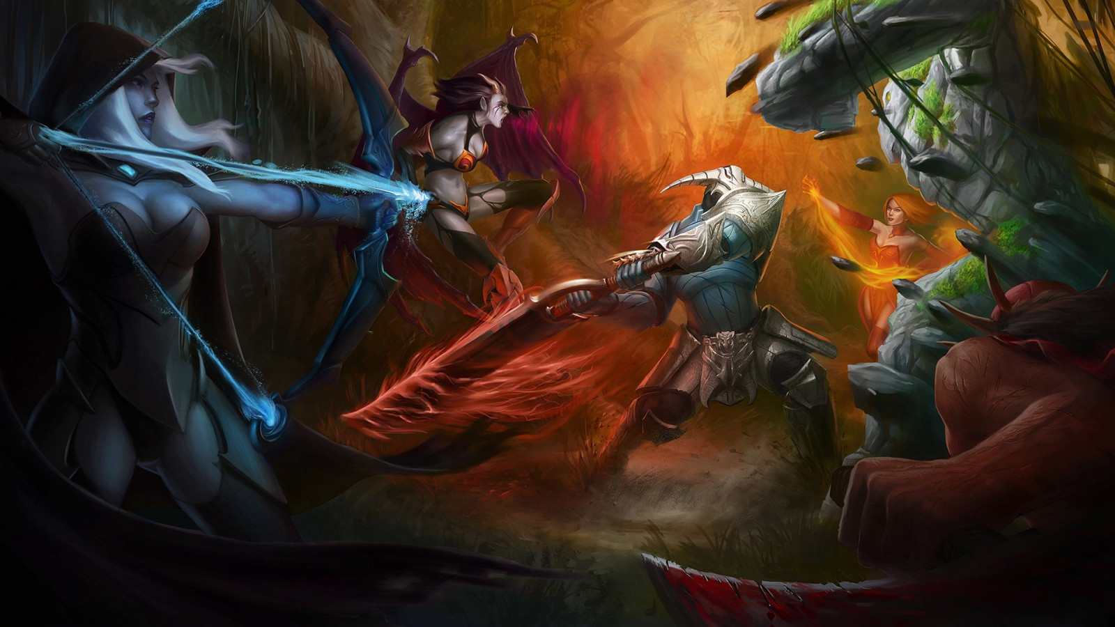 1920x1080 px, 2, battle, Bloodseeker, Dota, drow, fantasy, games, Lina, monster, of, pain, Queen, Ranger, Sven, Tiny, warrior