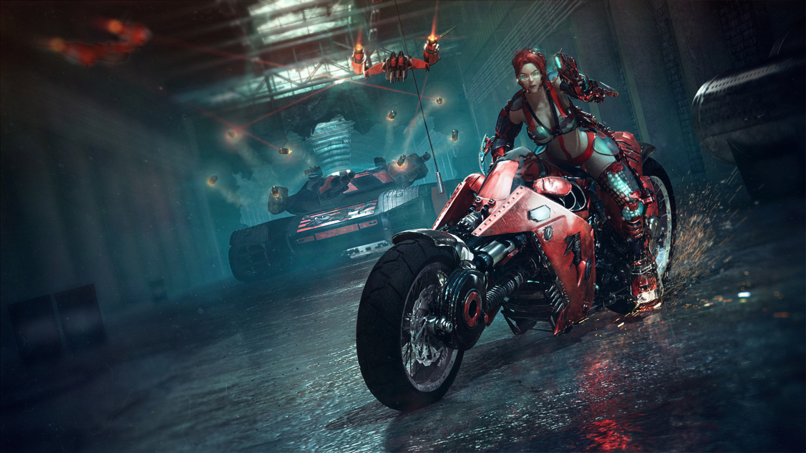 1920x1080 px, 3D, bike, cyberpunk, dubstep, fi, girl, guns, motorcycle, punk, sci, tanks, warrior, weapons, women