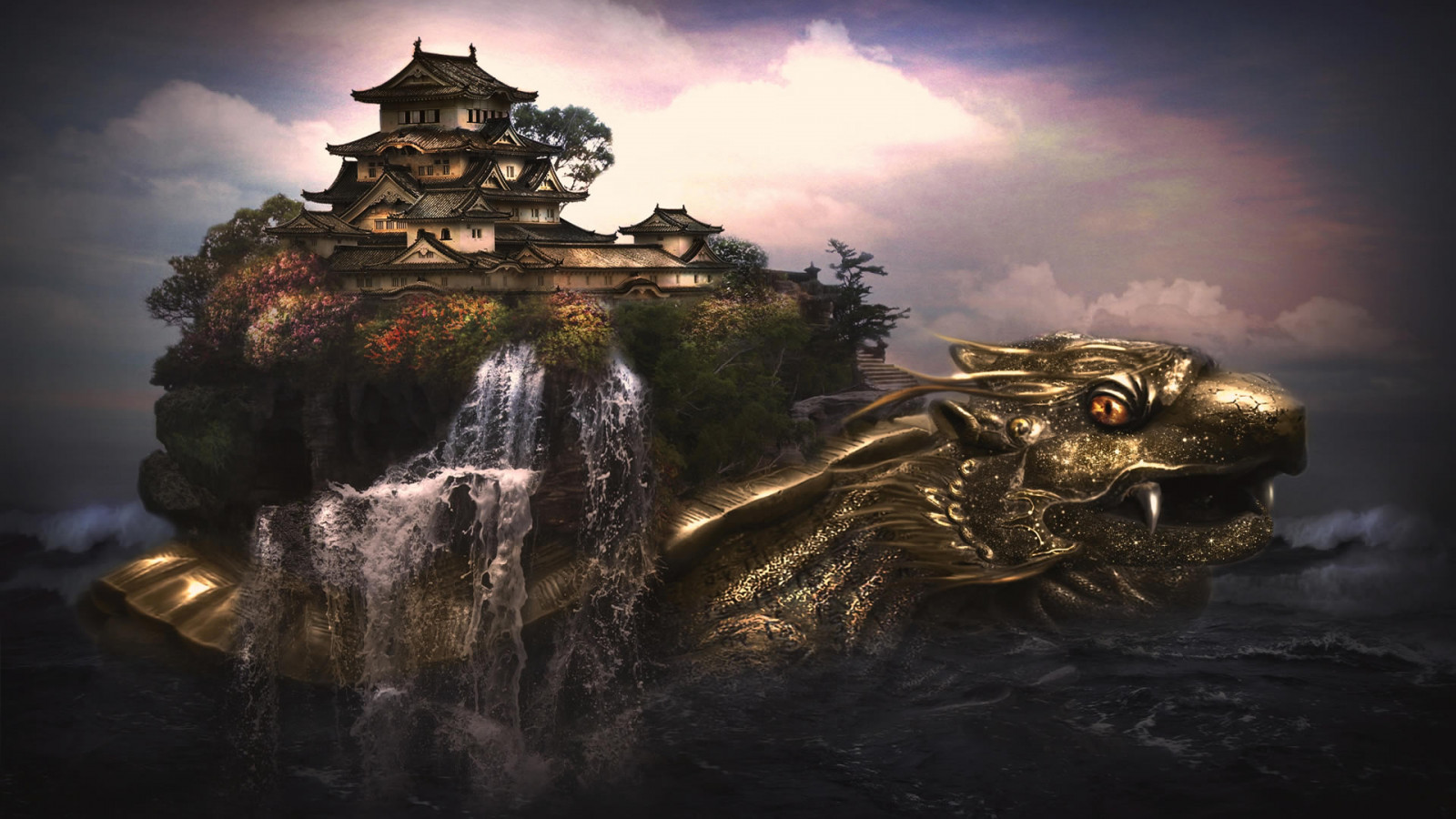 1920x1080 px, architecture, ART, artistic, Asian, buildings, castle, CG, Chinese, clouds, creature, detail, digital, dragon, fantasy, green, M, magic, mythology, ocean, oriental, sea, shell, sky, temple, turtle