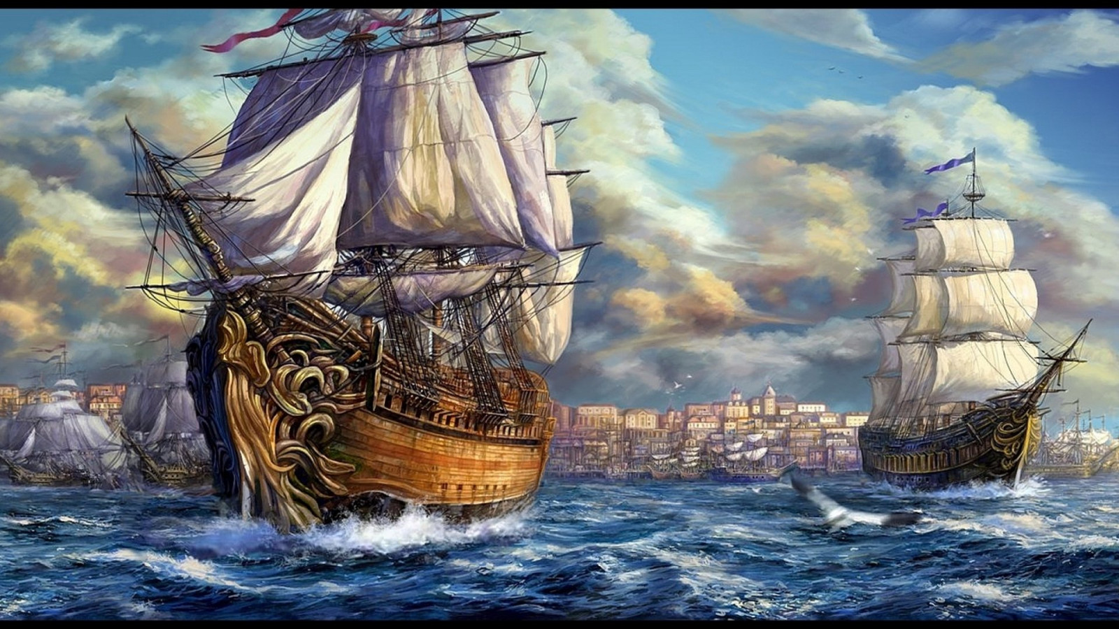 1920x1080 px, ART, artwork, boat, fantasy, ocean, sea, ship