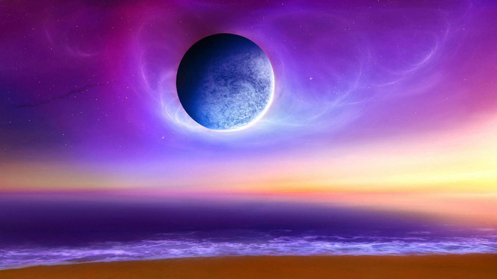 1920x1080 px, ART, beaches, CG, digital, fi, Moon, nature, ocean, sci, sea, sky, space, stars, sunrise, sunset, waves