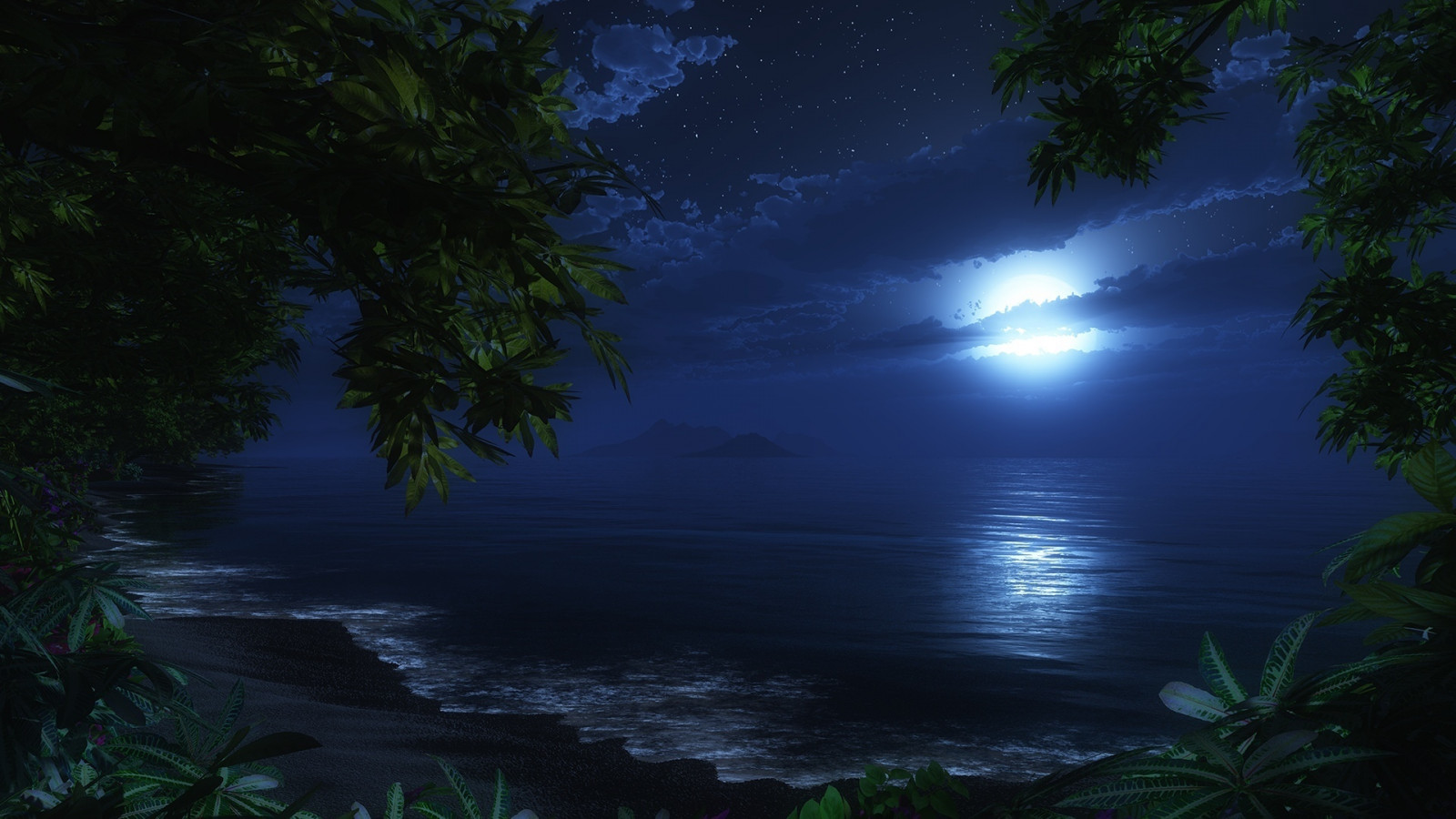 1920x1080 px, ART, beaches, CG, digital, Jungl, nature, night, ocean, sky, trees, tropical, waves