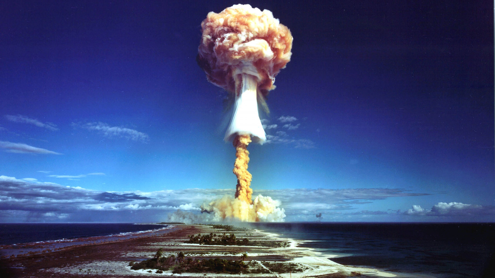 1920x1080 px, atomic, bomb, clouds, explosion, islands, landscape, nuclear, ocean, radiation, sea, sky