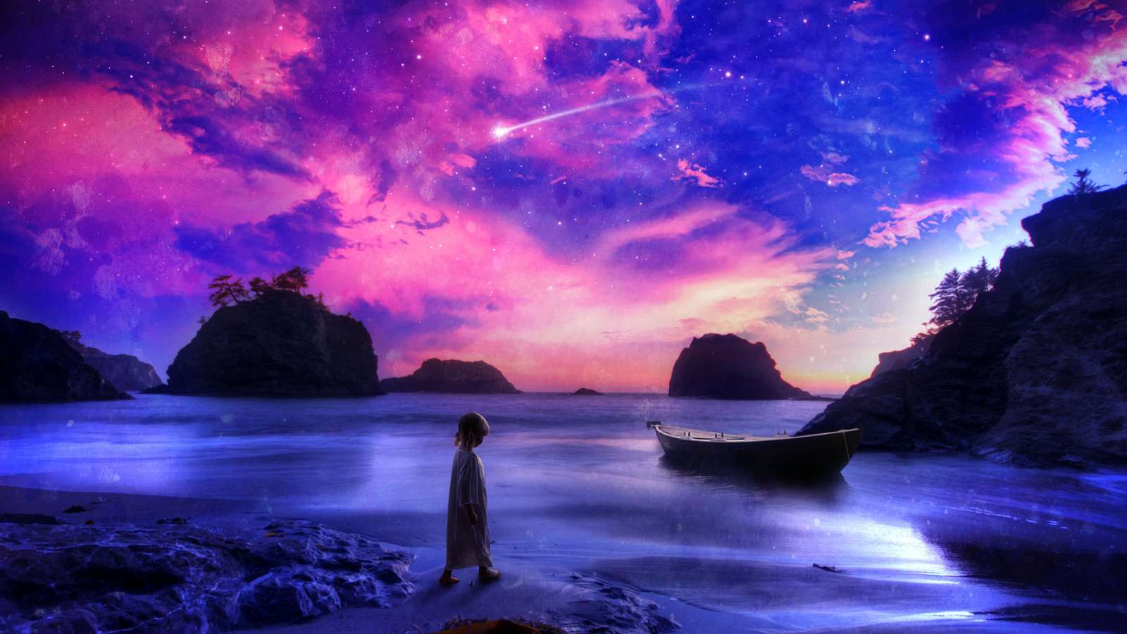 1920x1080 px, babies, beach, boat, cartoon, child, children, clouds, fantasy, landscapes, ocean, purple, sea, shooting, shore, sky, star, stars