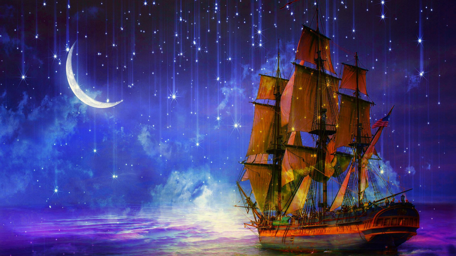 1920x1080 px, beauty, clouds, fantasy, landscape, Moon, ocean, sea, ship, sky, stars