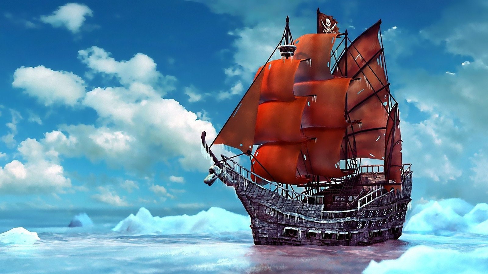 1920x1080 px, boat, boats, fantasy, ice, ocean, pirate, pirates, sea, ship, ships, snow