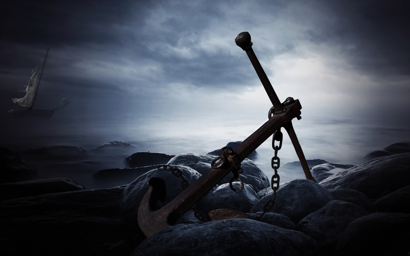 1920x1200 px, anchor, beaches, boat, dark, fantasy, ocean, sea, ship, storm