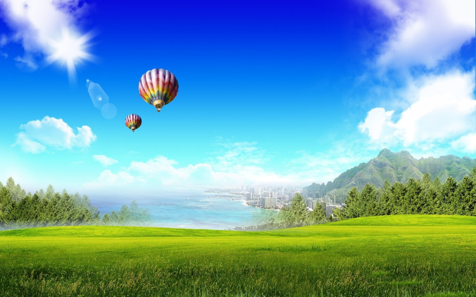 1920x1200 px, architecture, ART, ballons, buildings, CG, clouds, digital, dream, Flight, grass, landcapes, manipulation, mood, mountains, nature, ocean, sailing, sea, sky, Sun, sunlight, vector