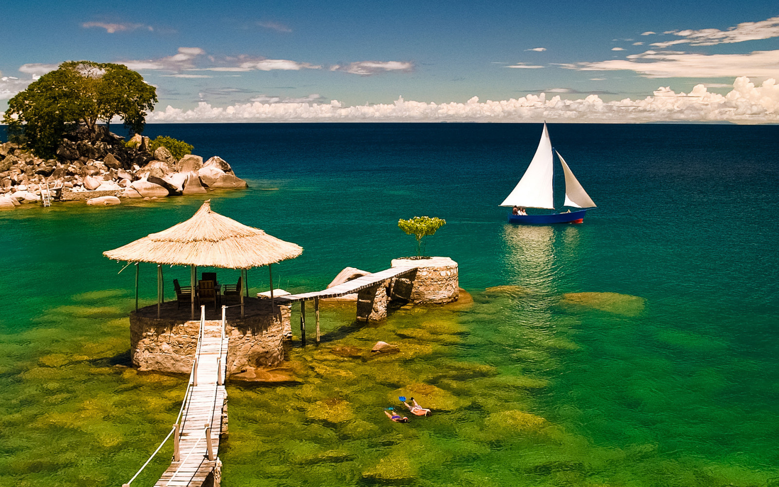 1920x1200 px, architecture, boats, bridge, buildings, clouds, coast, hut, island, ocean, resort, rocks, sail, sea, seascape, shore, sky, trees, tropical, vehicles