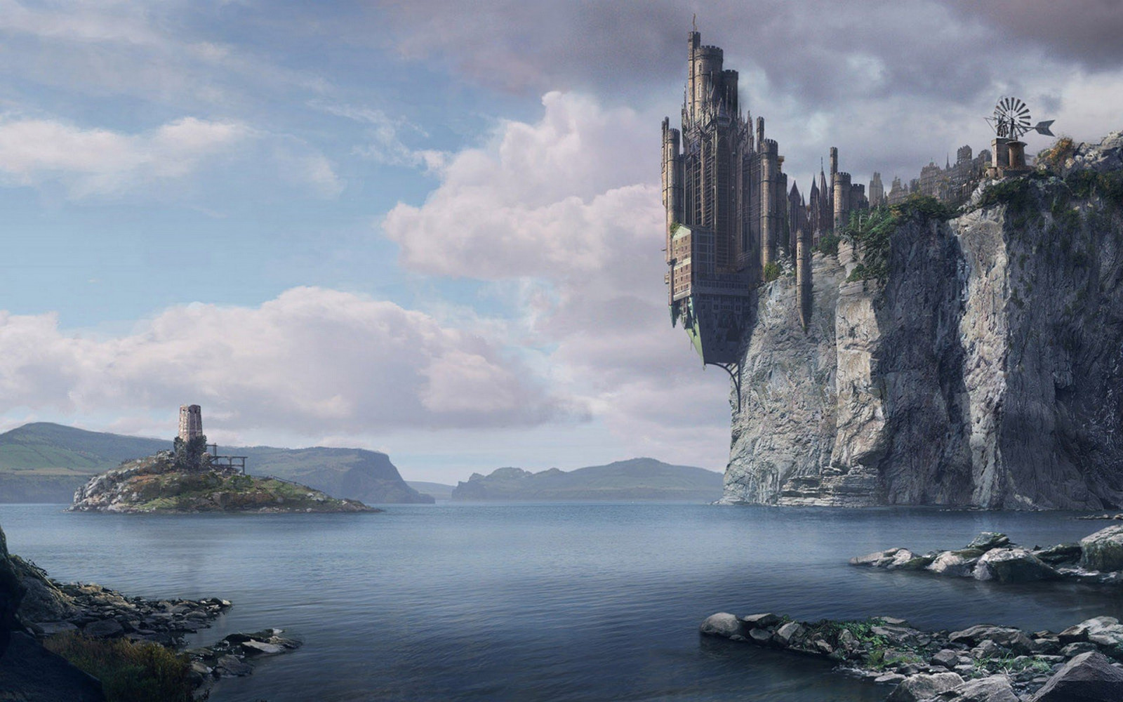 1920x1200 px, ART, artwork, castles, cliffs, fantasy, ocean, towns