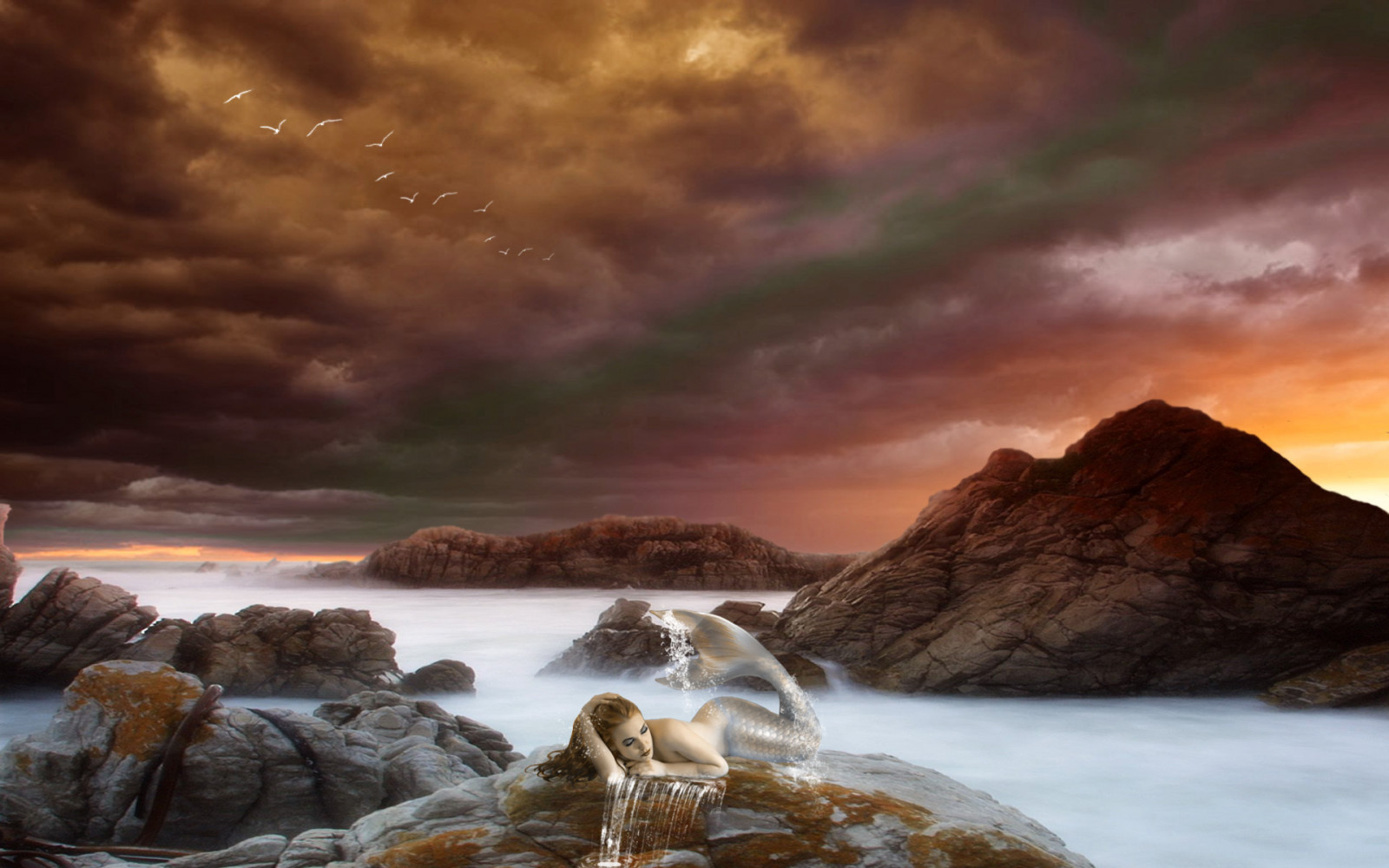 1920x1200 px, ART, babes, CG, clouds, digital, fantasy, females, mermaid, mood, ocean, rocks, sea, sexy, sky, stone, sunset, sunsrise, women