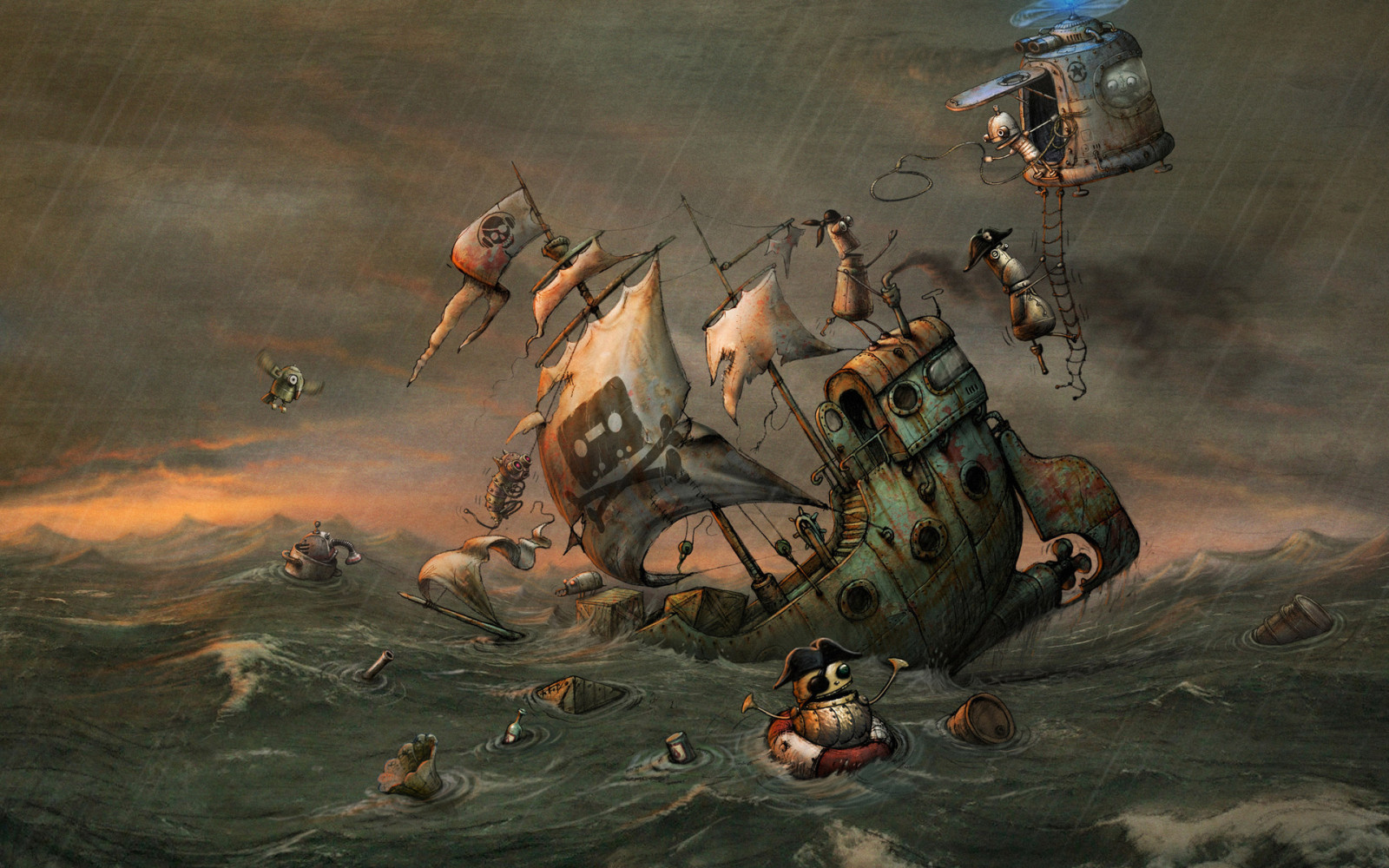 1920x1200 px, artistic, cyberpunk, drops, fantasy, fi, funny, griffin, humor, mach, Machinarium, mcelroy, ocean, pirate, rain, robot, sci, ship, steampunk, storm