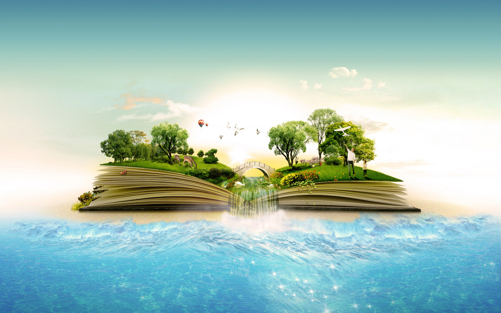 1920x1200 px, Artistiv, birds, books, forest, islands, jungle, landscapes, manipulation, nature, ocean, sea, surreal, trees, tropical, water, waterfall