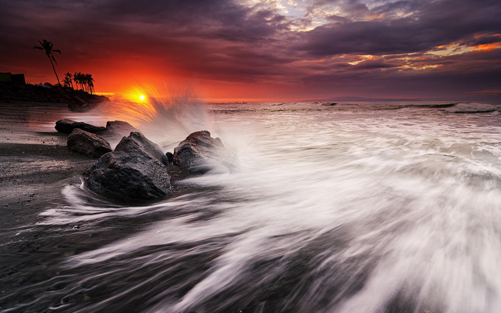 1920x1200 px, beach, ocean, rocks, stones, sunset, waves