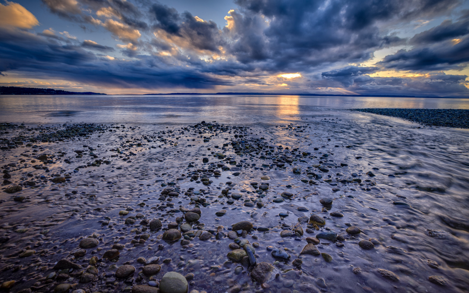 1920x1200 px, beaches, clouds, landscape, ocean, reflection, rocks, sea, sky, stones, sunrise, sunset