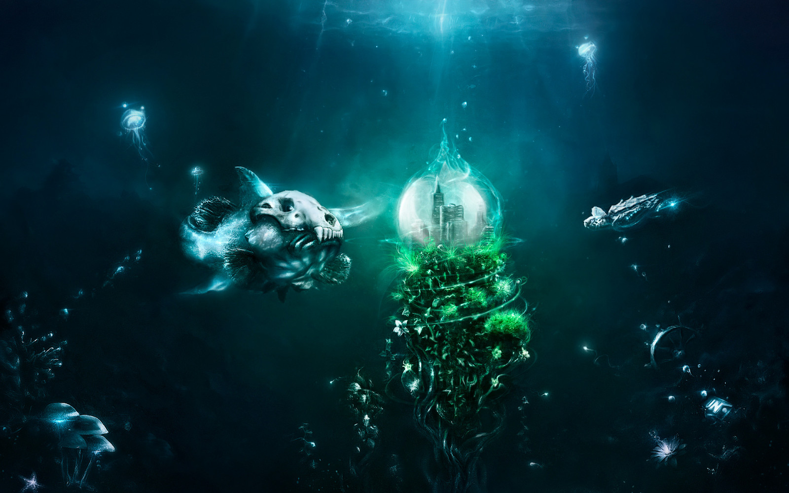 1920x1200 px, city, fish, jellyfish, magic, mushrooms, ocean, sea, skull, skulls, turtle, underwater