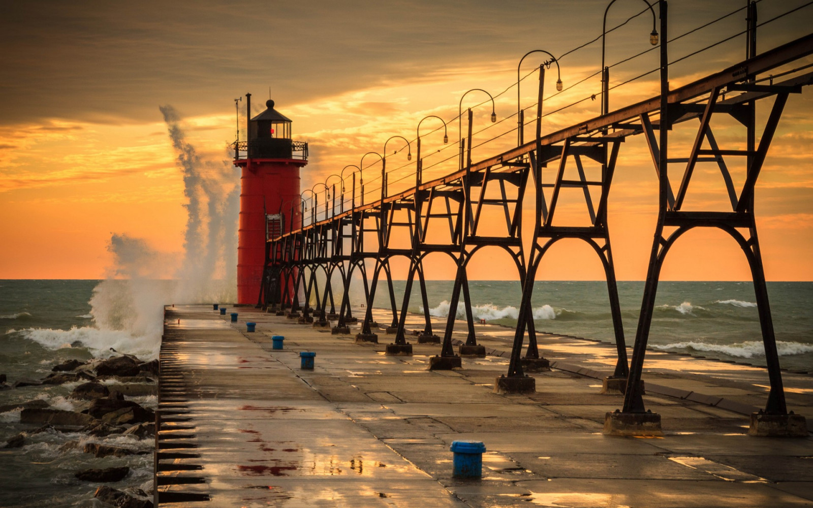 1920x1200 px, lake, lakes, lighthouse, ocean, pier, sea, sky, sunset, water, waves