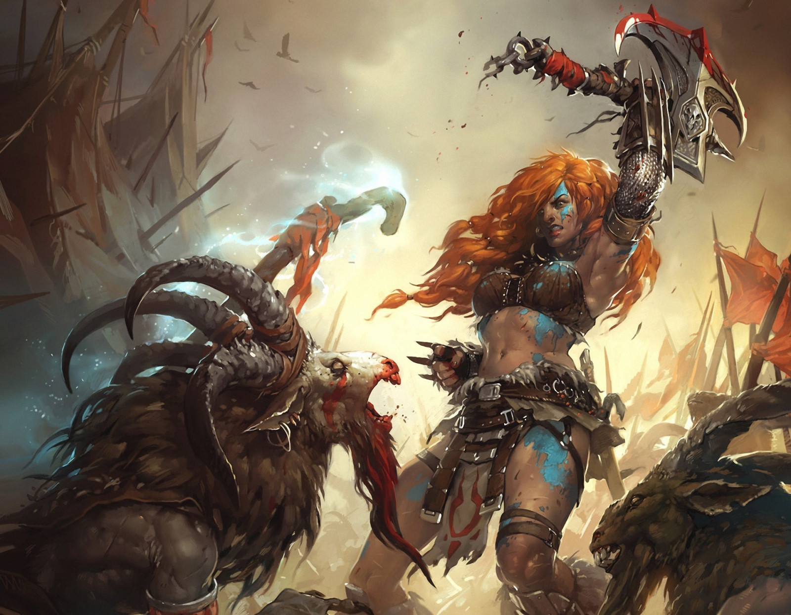 1920x1494 px, 3, axes, battle, blood, dark, Diablo, fantasy, games, girls, horns, monsters, warrior, warriors