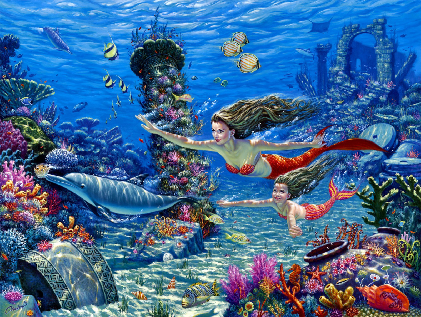 2357x1778 px, ART, CG, digital, fantasy, fish, mermaid, ocean