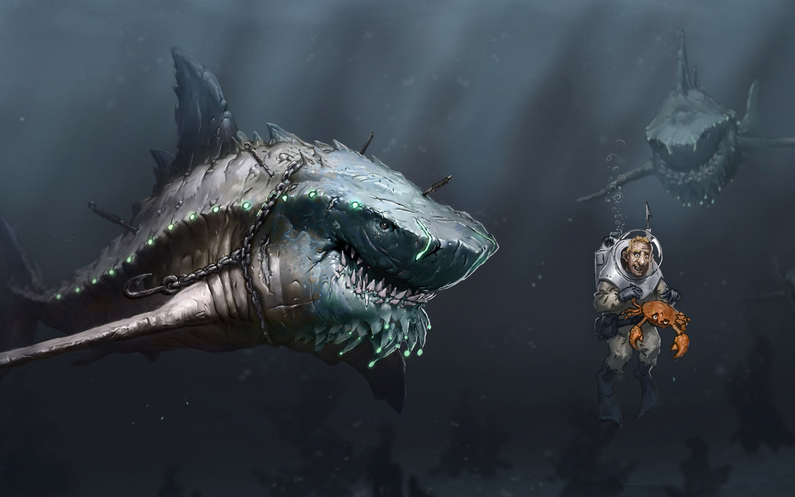 2560x1600 px, ART, chain, crab, dark, fi, hook, megalodon, ocean, people, predators, sci, scuba, sea, sharks, starvation, underwater