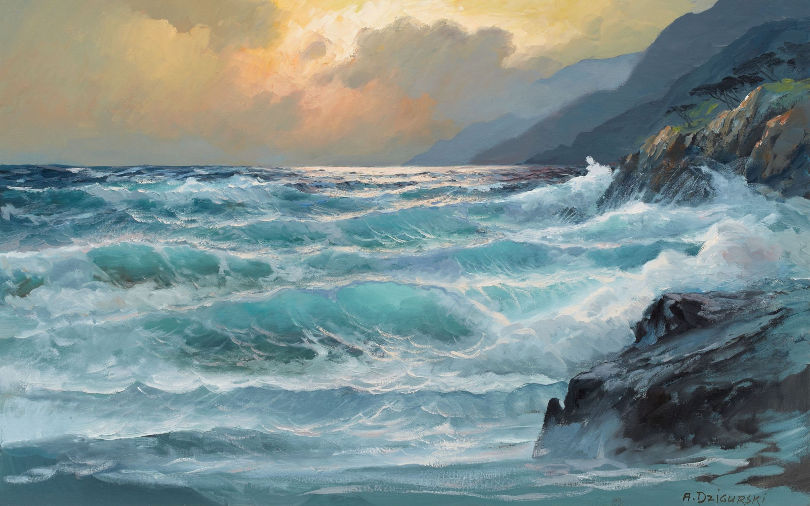 2560x1600 px, artwork, clouds, landscapes, nature, ocean, paintings, rocks