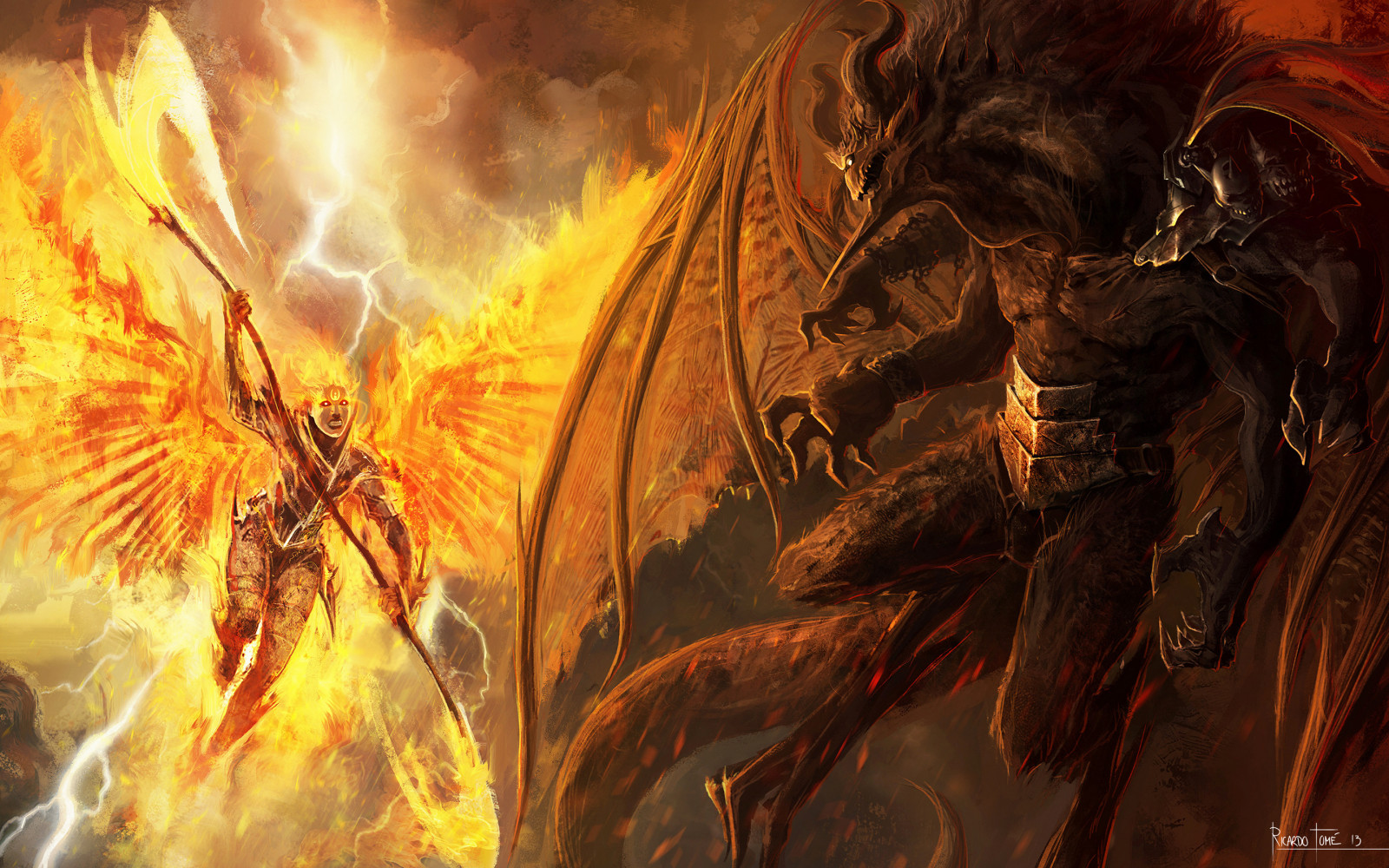 2880x1800 px, battle, demons, monster, warrior, wings