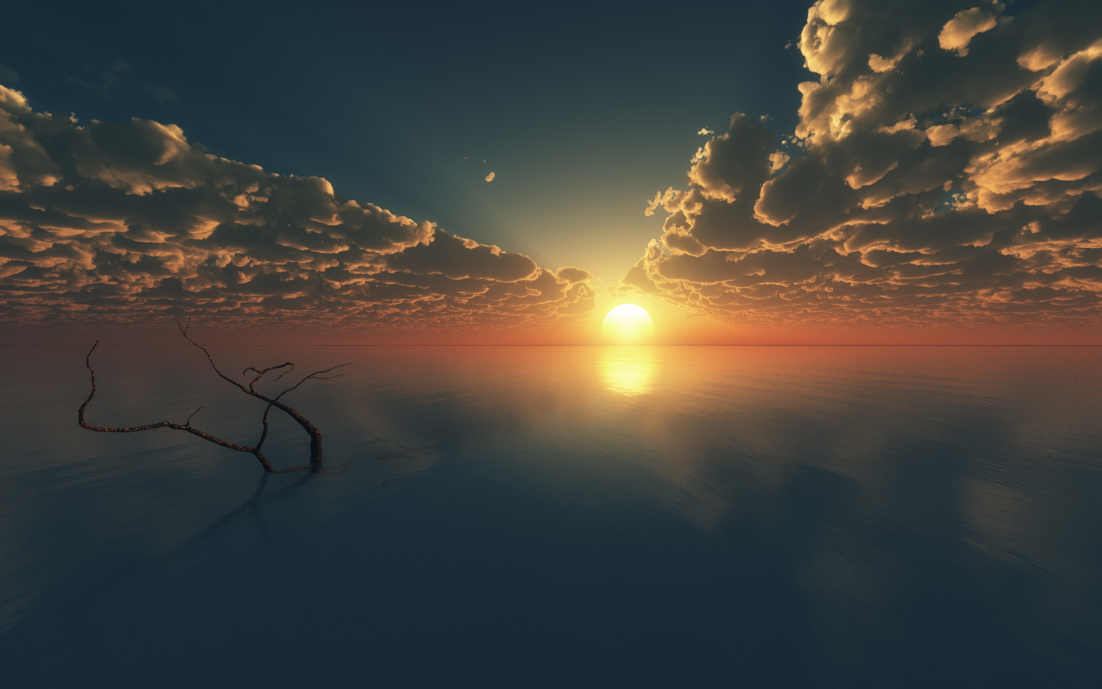 3840x2400 px, ART, calm, clouds, digital, landmark, ocean, oceans, reflections, skies, Sun, sunset, water