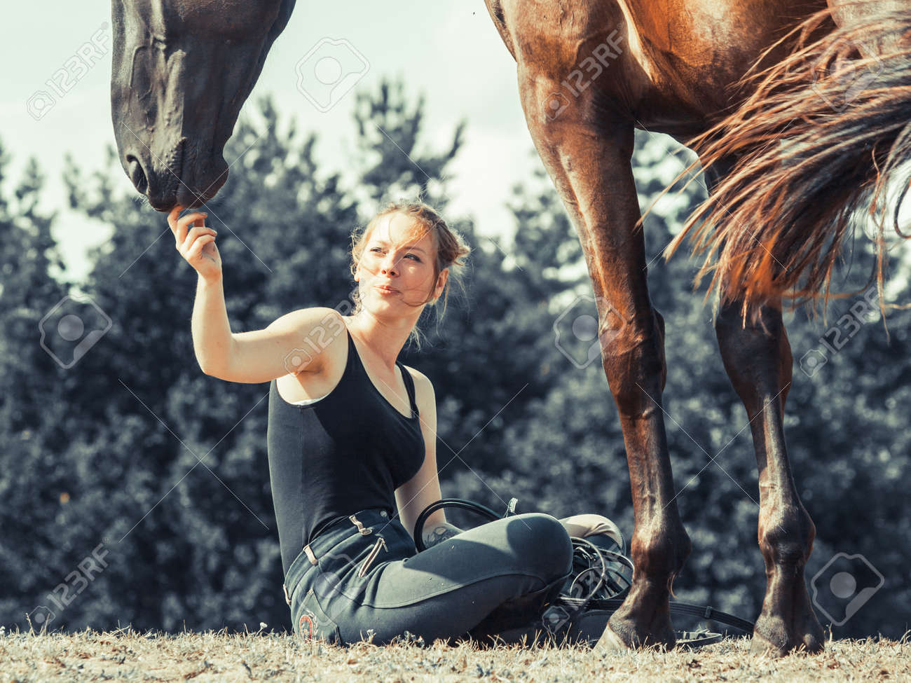 Young woman girl feeding and taking care of brown horse. Female with animal outdoor. - 44388764