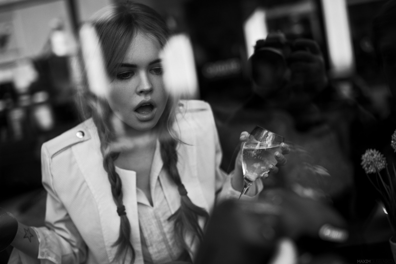 white, black, women, monochrome, model, open mouth, reflection, Anastasia Scheglova, photography, tattoo, glass, fashion, cup, pigtails, Maxim Guselnikov, Person, photograph, black and white, monochrome photography, film noir