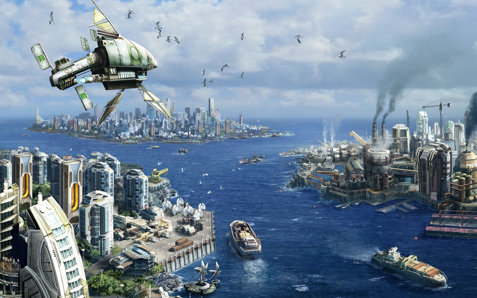 anno 2070, city, ships, ocean, birds