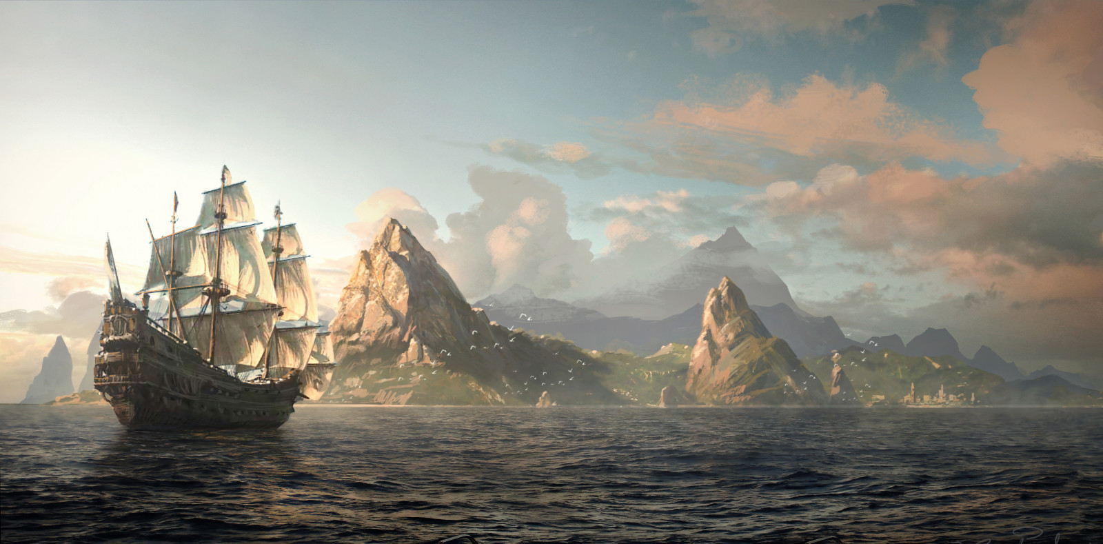 ship, boat, sailing ship, sea, vehicle, morning, coast, shipwreck, Edward Kenway, ghost ship, Terrain, ocean, watercraft, screenshot, pirate, assassin, atmospheric phenomenon