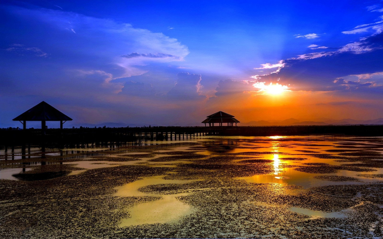 beach, tide, bridges, clouds, ocean, sunset