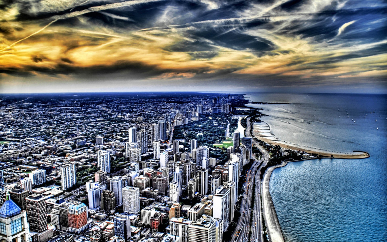 city, waterfront, ocean, top view, buildings, HDR