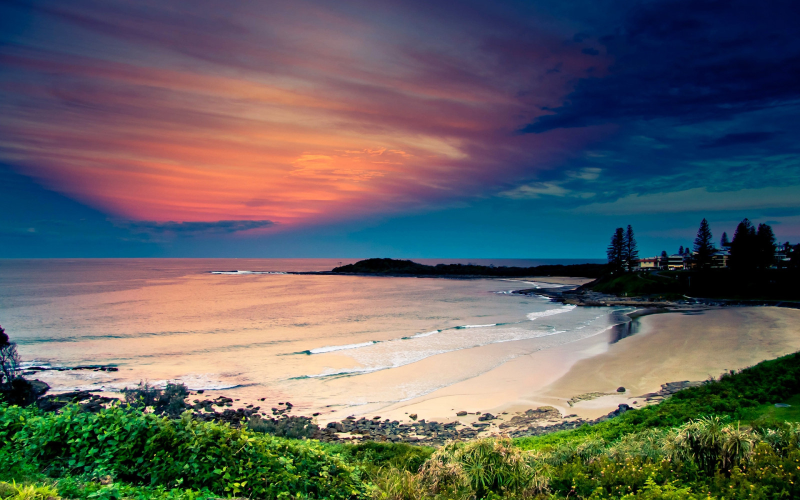 coast, ocean, waves, sand, beach, vegetation, sky, evening, bay, colors, tranquillity