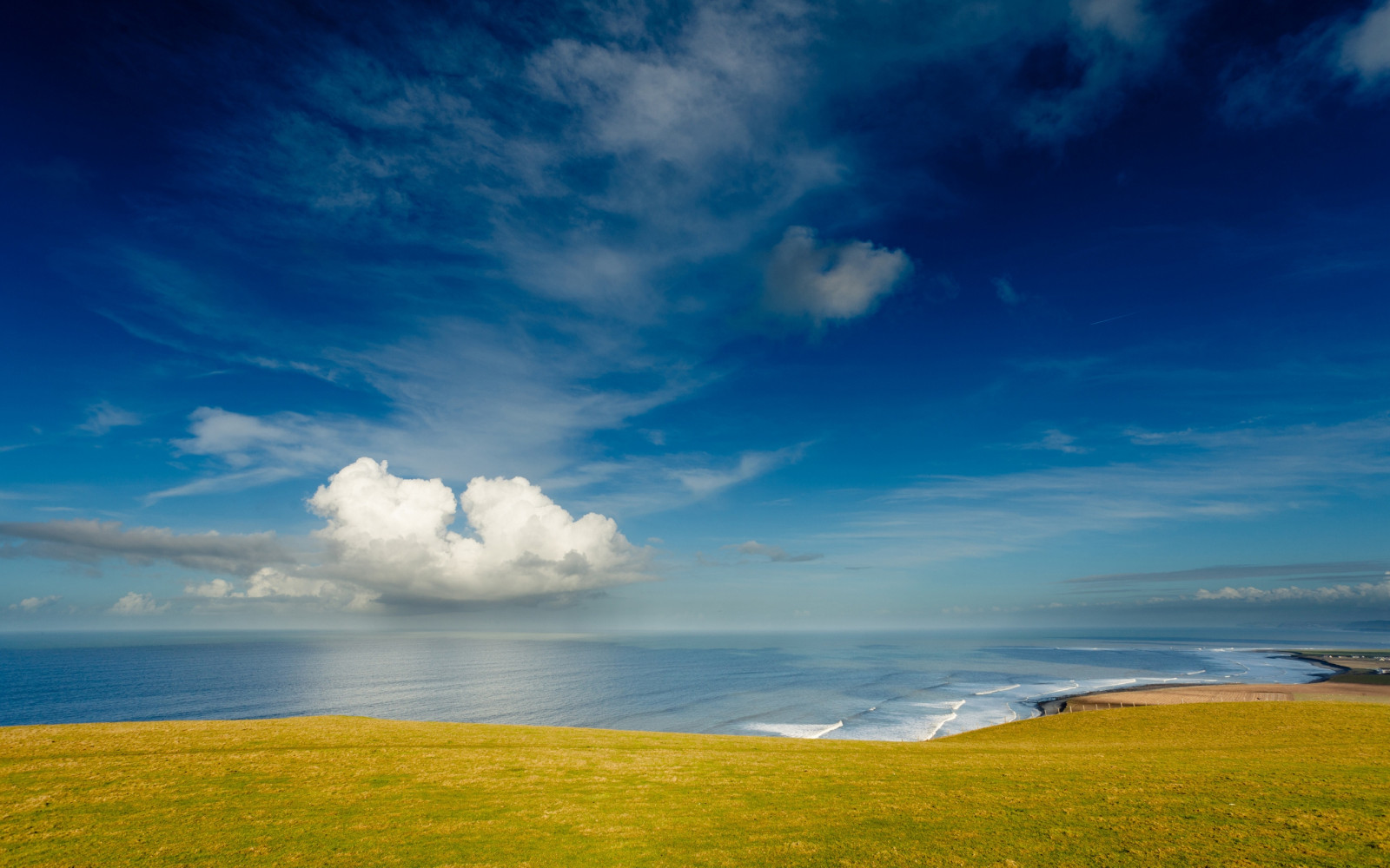 coast, sky, cloud, ocean, meadow, glade, land, blue, green