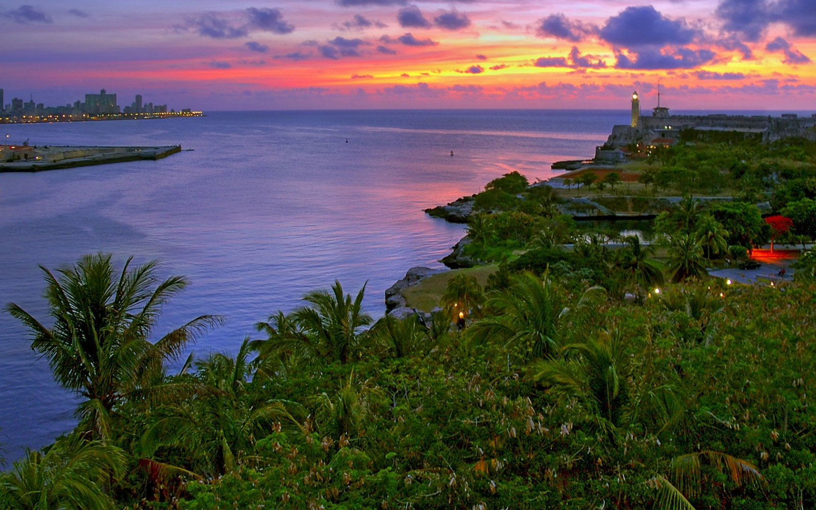 Cuba, coast, height, evening, ocean, palm trees, fires