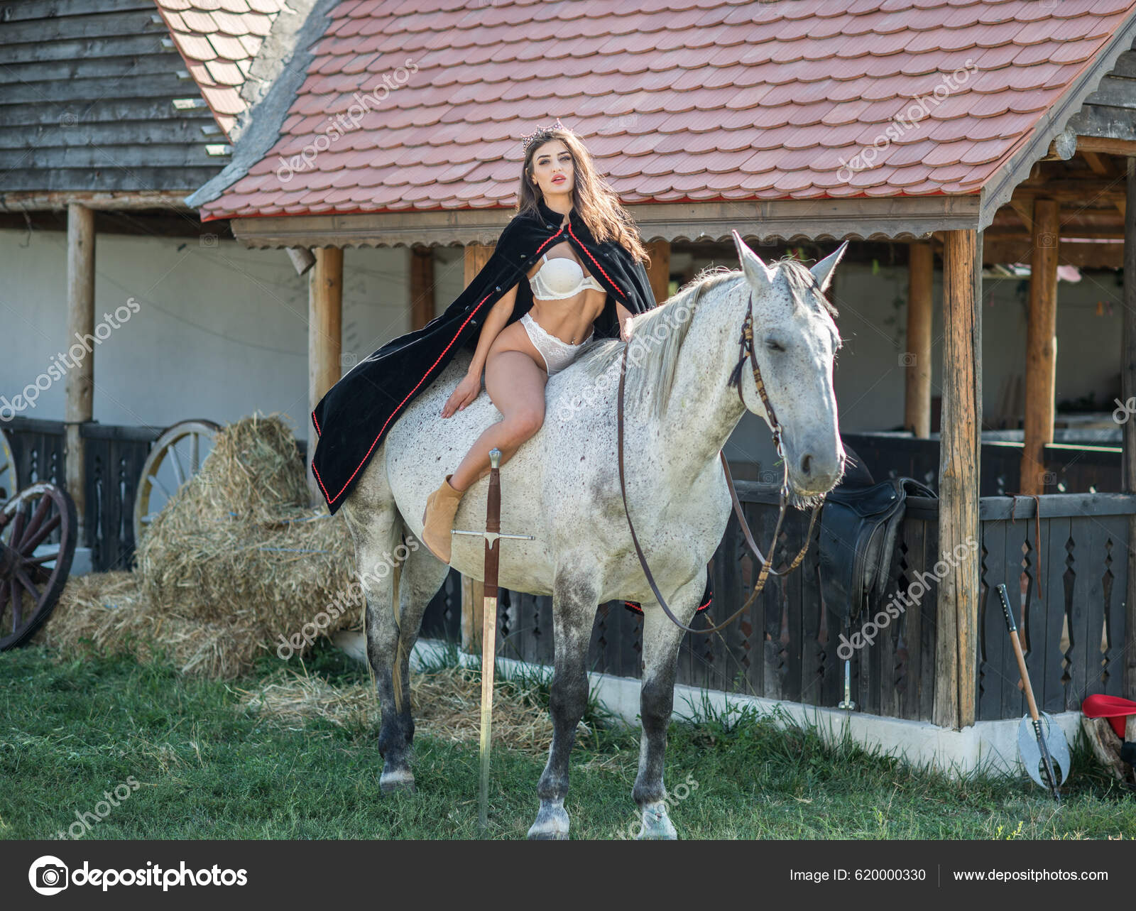 Sensual Brunette Princess Sexy White Bikinis Riding Horse Portrait Girl — Stock Photo, Image