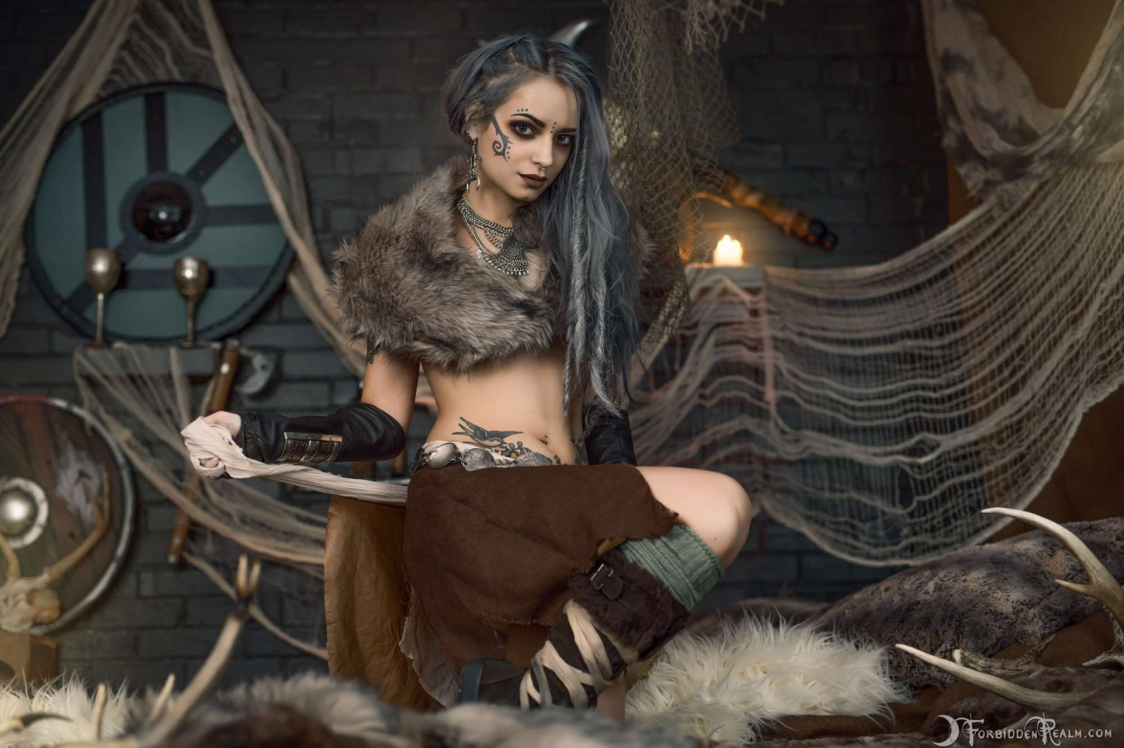 Genevieve, ForbiddenRealm, model, witch, viking, tattoo, fur coats, cosplay