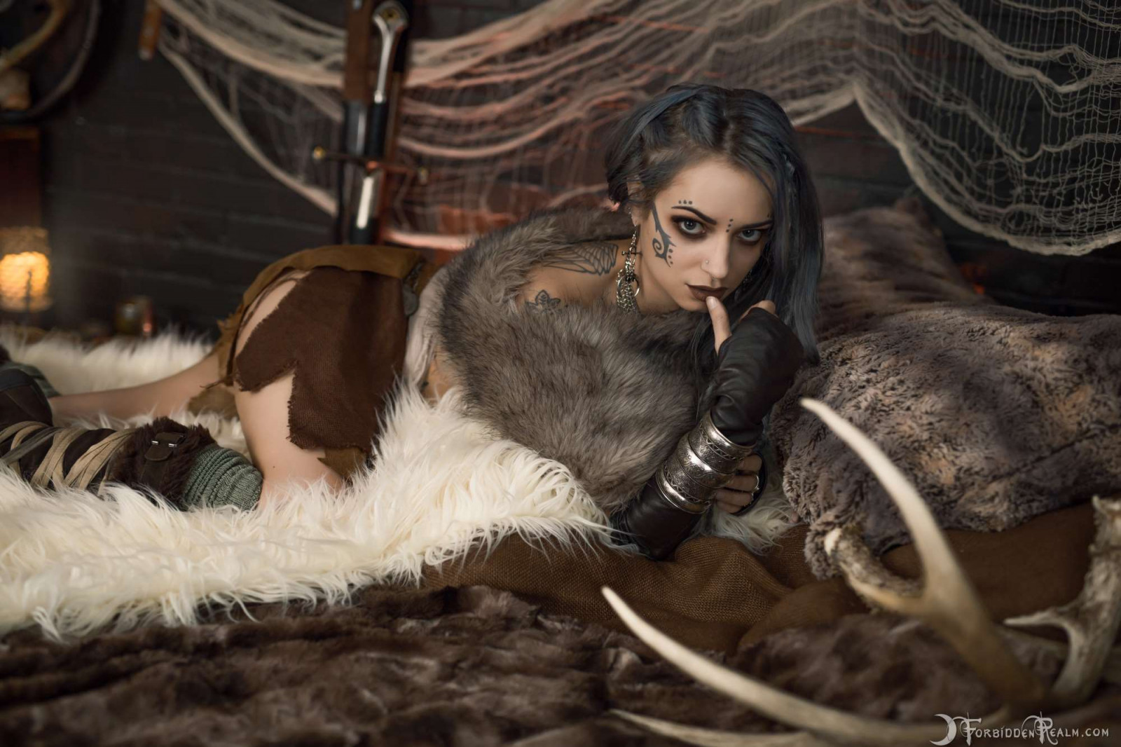 Genevieve, ForbiddenRealm, model, witch, viking, tattoo, fur coats, cosplay