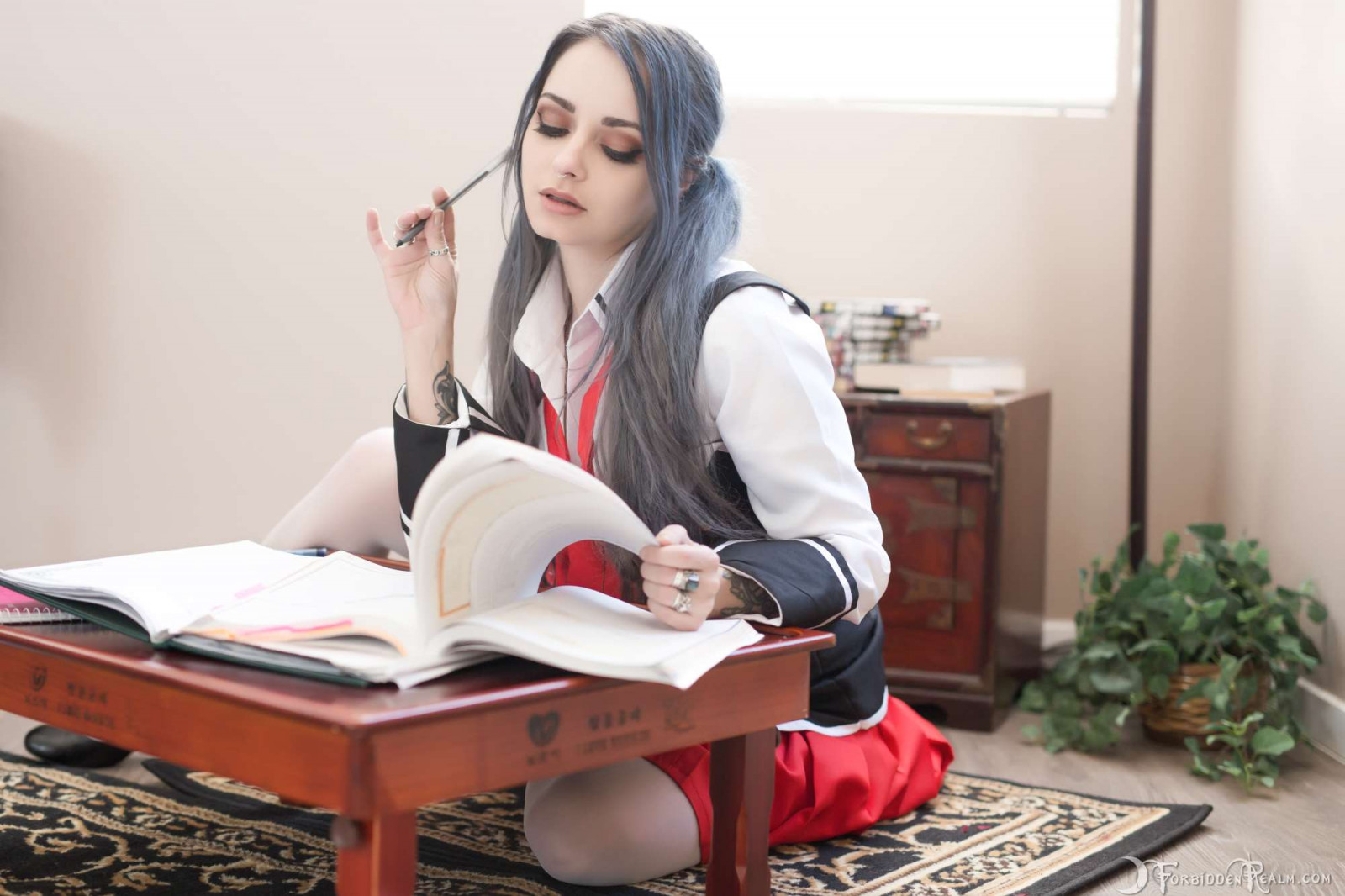 Genevieve, ForbiddenRealm, model, tattoo, students, studying, silver hair, thigh highs