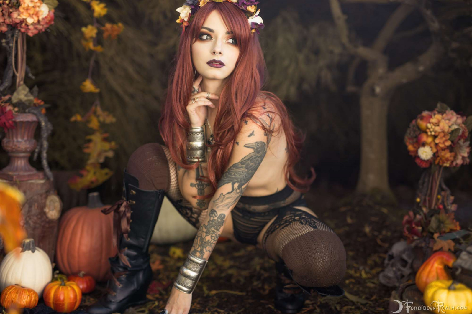 Genevieve, model, nude, tattoo, witch, fall, nude outdoors, redhead, ForbiddenRealm, topless