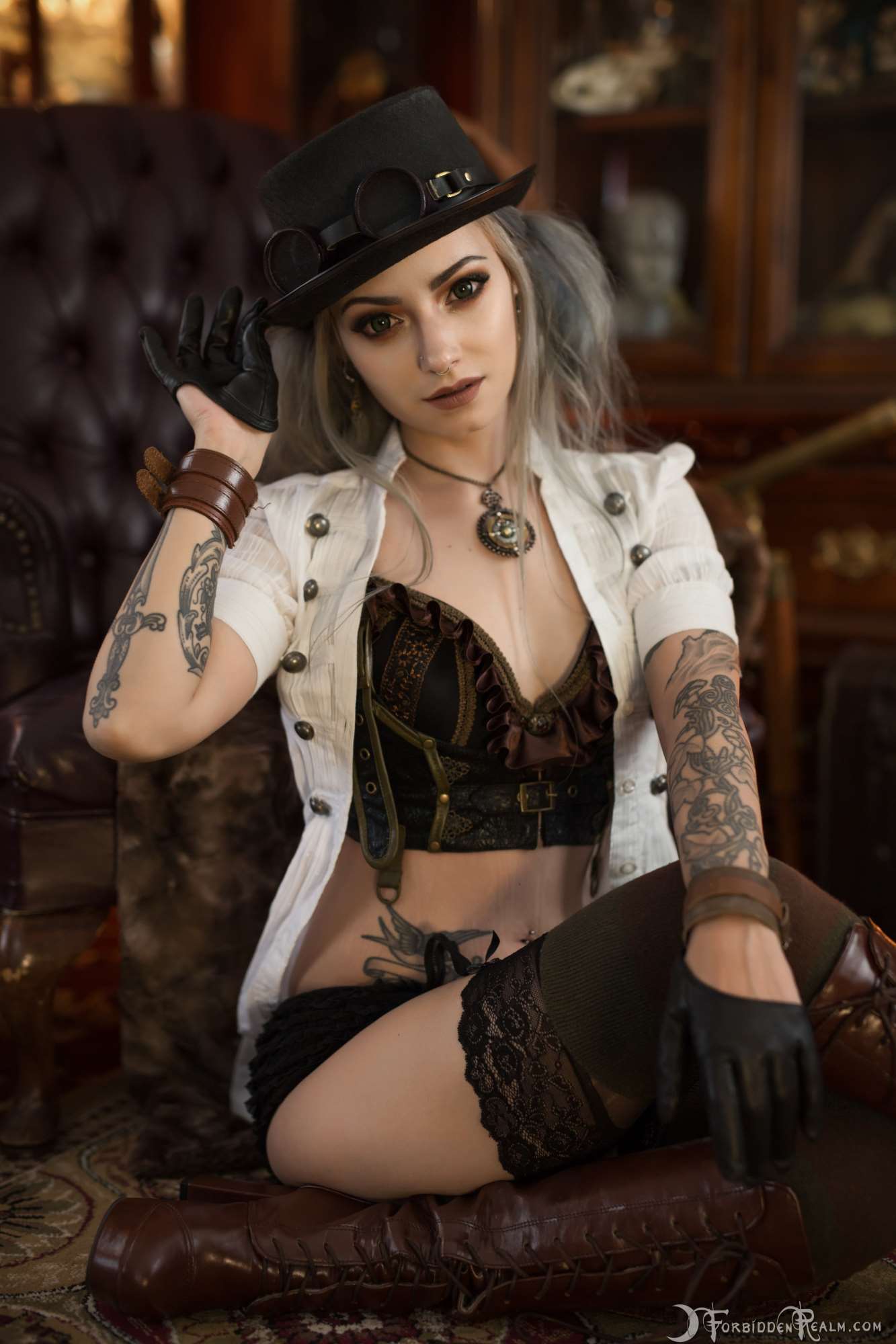 Genevieve, steampunk, model, silver hair, steamgirls, ForbiddenRealm, tattoo