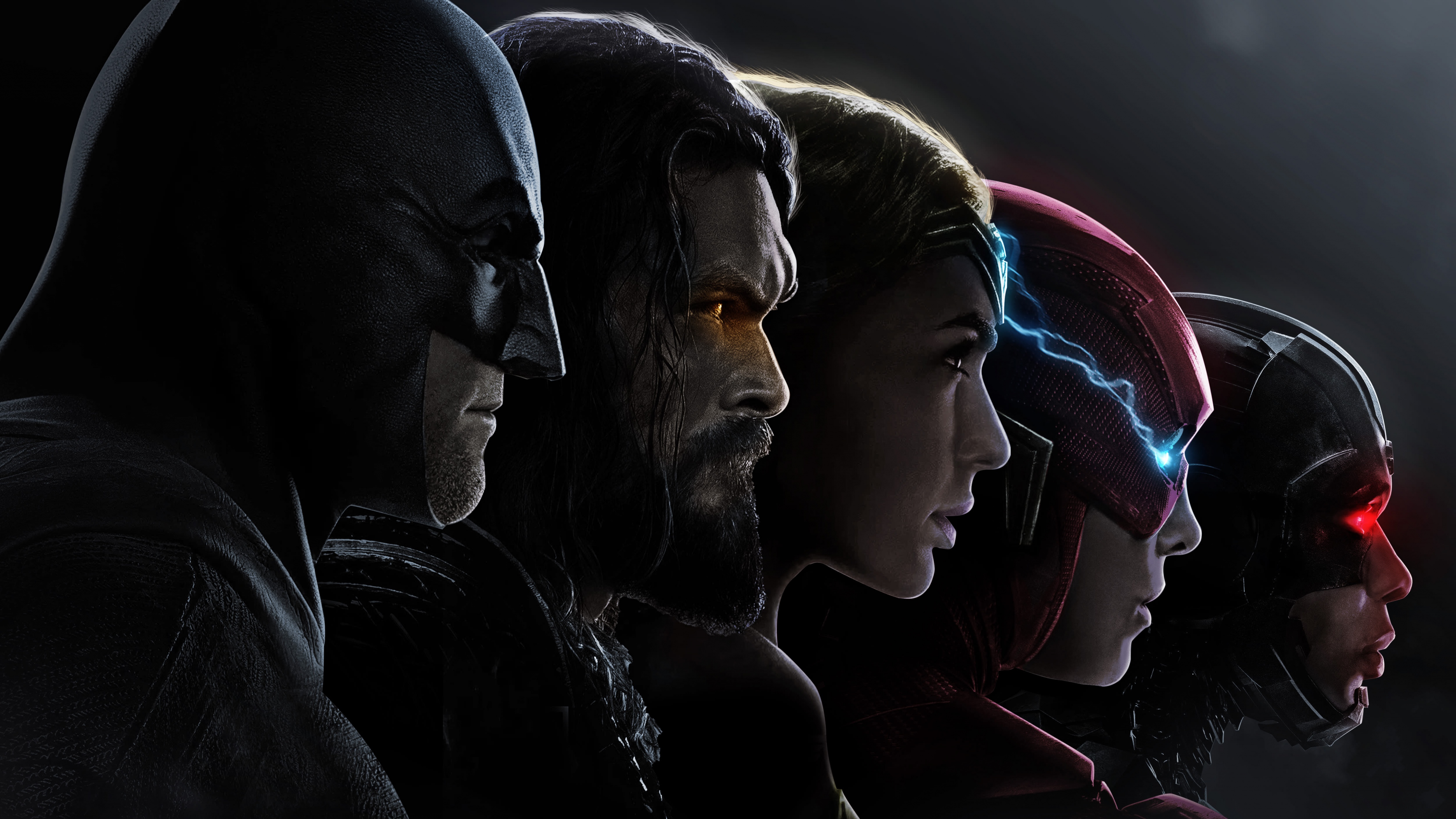 Justice League 4K Wallpaper, Batman, Aquaman, Wonder Woman, The Flash, Cyborg, DC Comics, Black/Dark, #1649