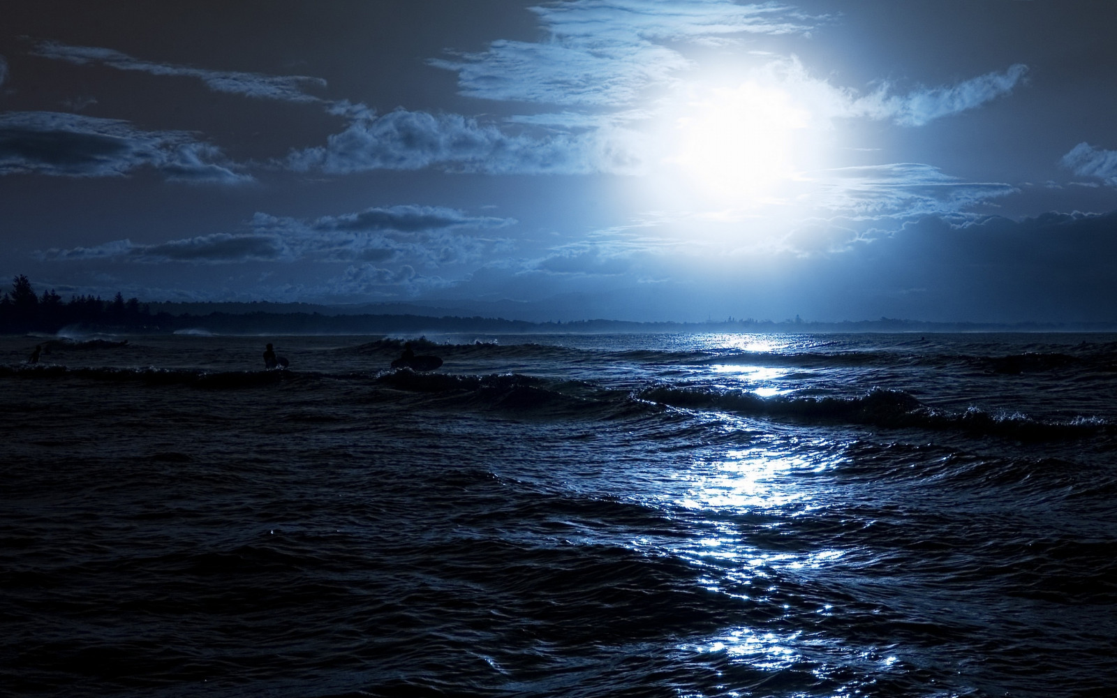 Moon, night, ocean, coast, light, serfer, outlines