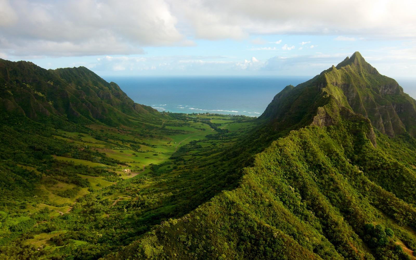 mountains, ridge, relief, green, woods, horizon, clouds, bottom, valley, coast, ocean