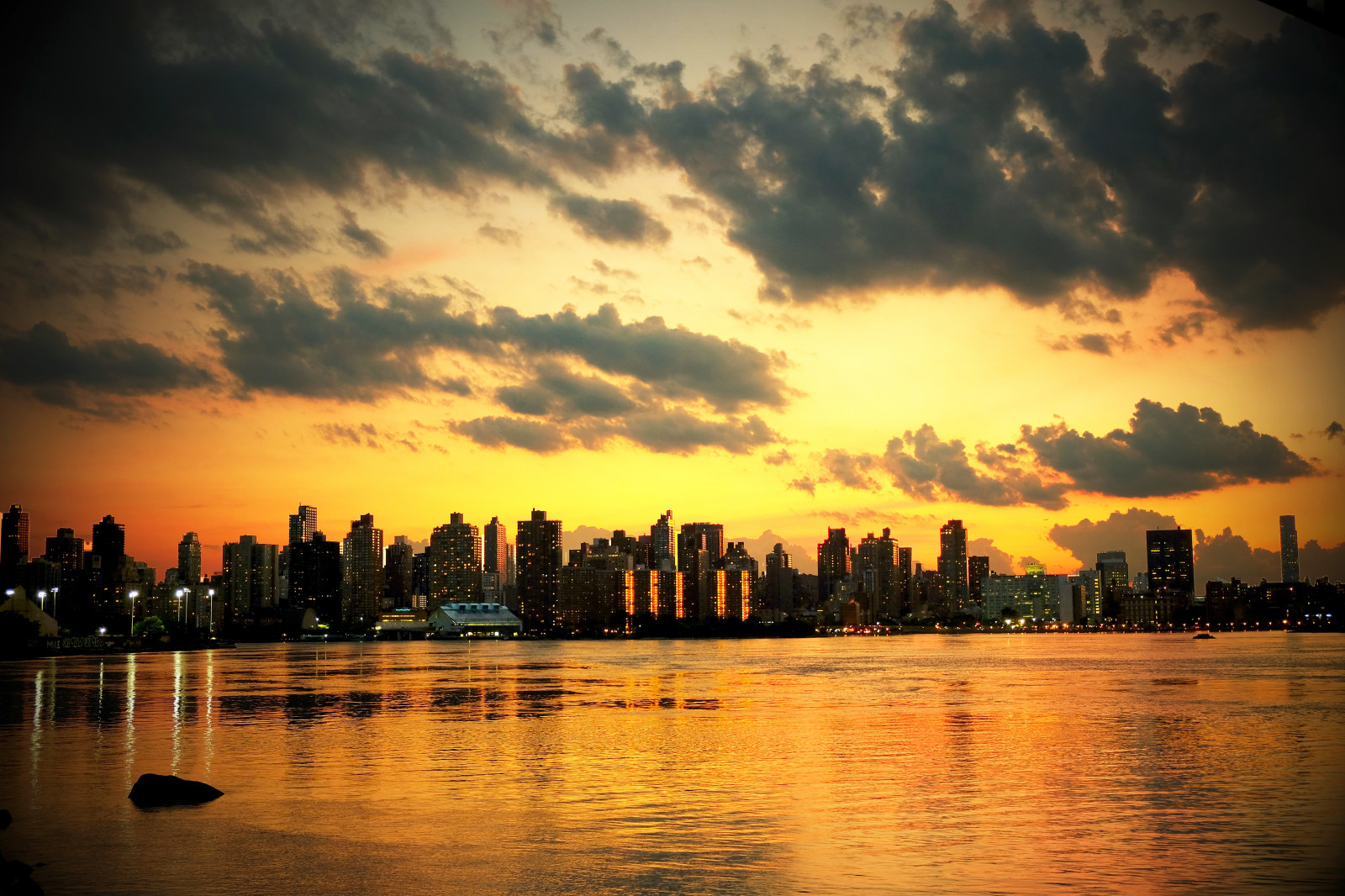 new york, sunset, skyscrapers, ocean