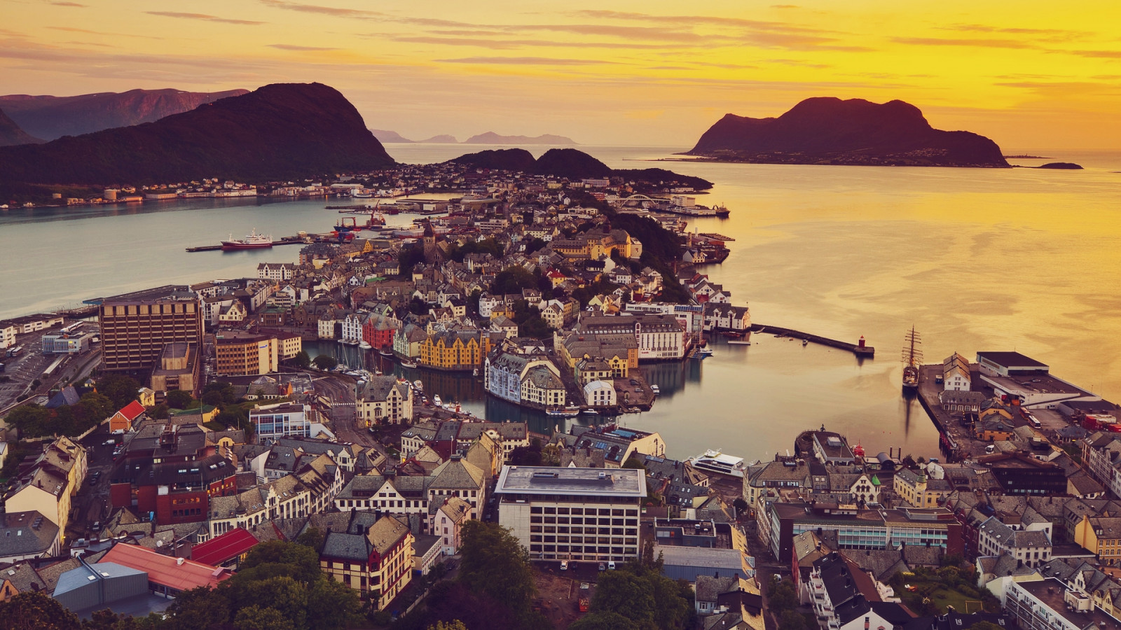 Norway, view, city, home, sunset, ocean